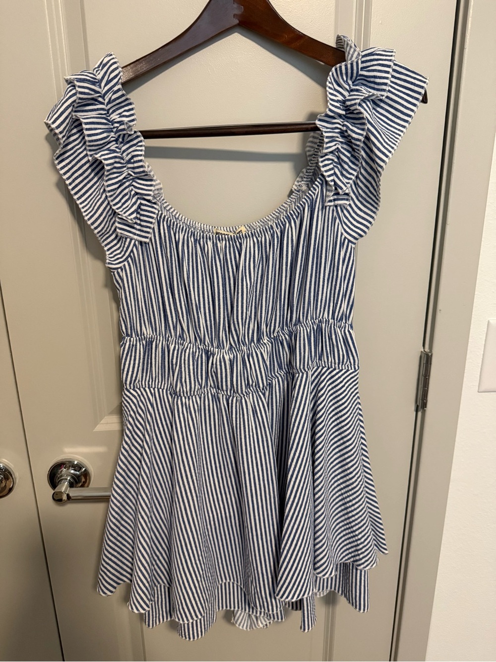 Inspired Hearts Navy & White Striped Off-Shoulder romper